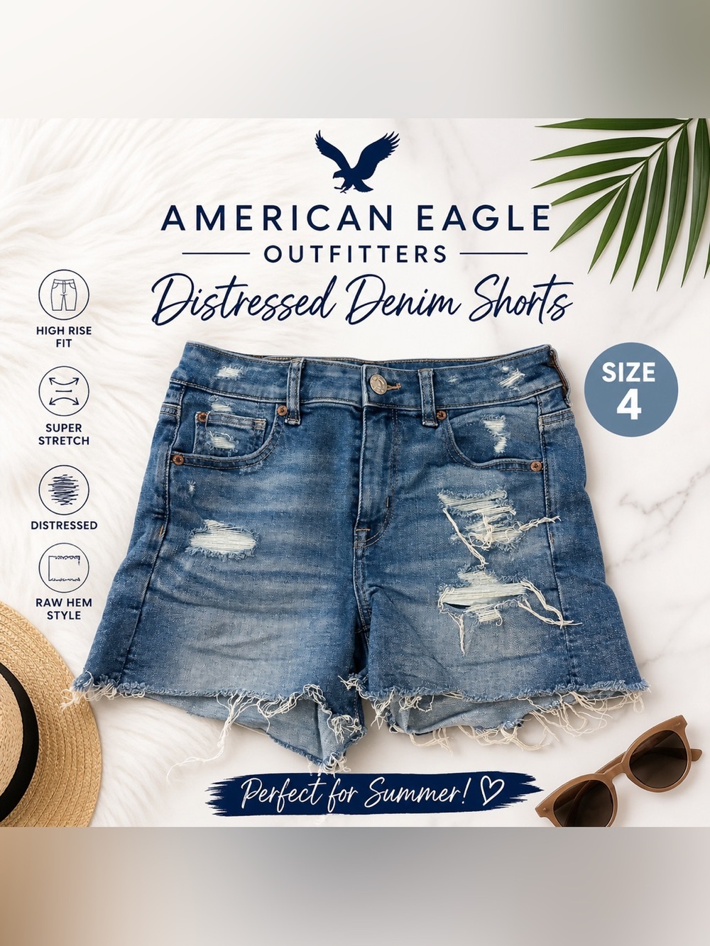 American Eagle High Rise Distressed Denim Shorts Super Stretch Size 4 Jorts